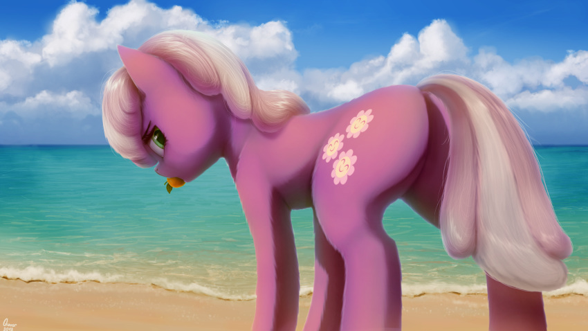 2018 beach butt cheerilee_(mlp) cloud cutie_mark detailed_background earth_pony equine female feral friendship_is_magic hair hi_res horse mammal my_little_pony object_in_mouth outside pony quvr rear_view seaside solo water
