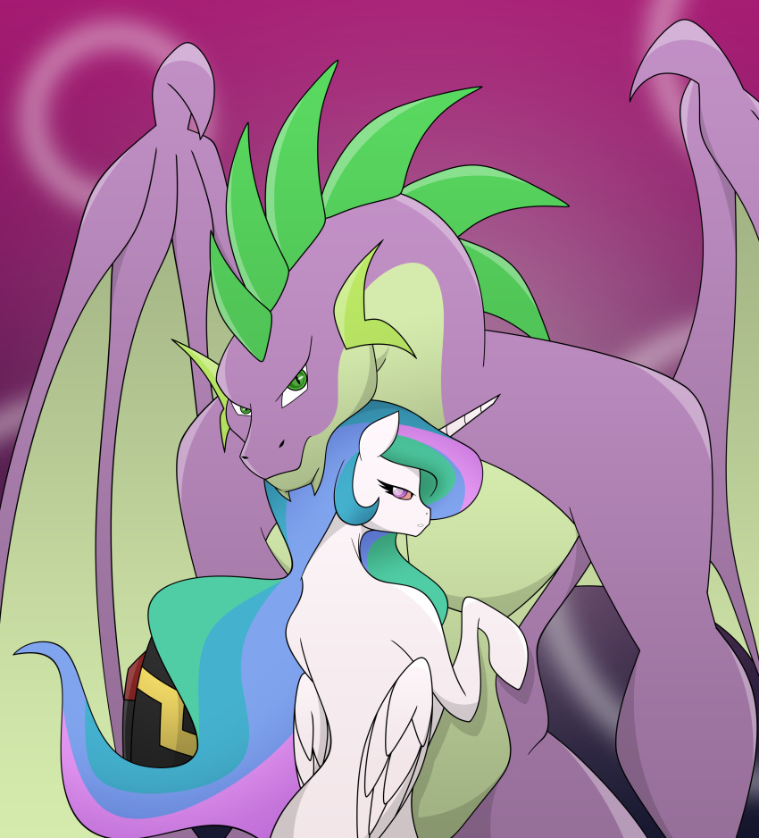 age_difference dragon duo equine evoheaven_(artist) female feral friendship_is_magic fur hair hooves horn horse looking_back male mammal my_little_pony nude pony princess_celestia_(mlp) simple_background spike_(mlp) teeth winged_unicorn wings