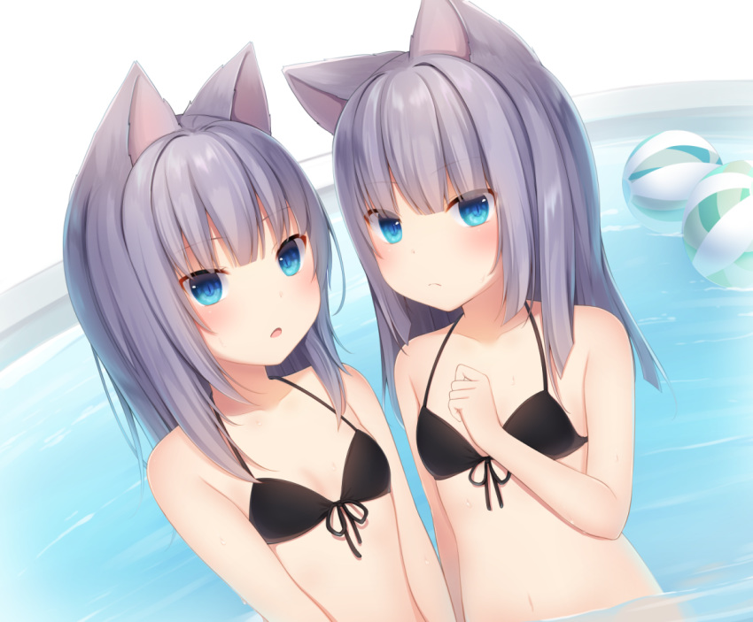 amashiro_natsuki animal_ears ball bangs bare_shoulders beachball bikini_top blue_eyes blush breasts cat_ears cleavage closed_mouth commentary_request long_hair medium_hair multiple_girls navel open_mouth original partially_submerged purple_hair slit_pupils swimsuit water wet