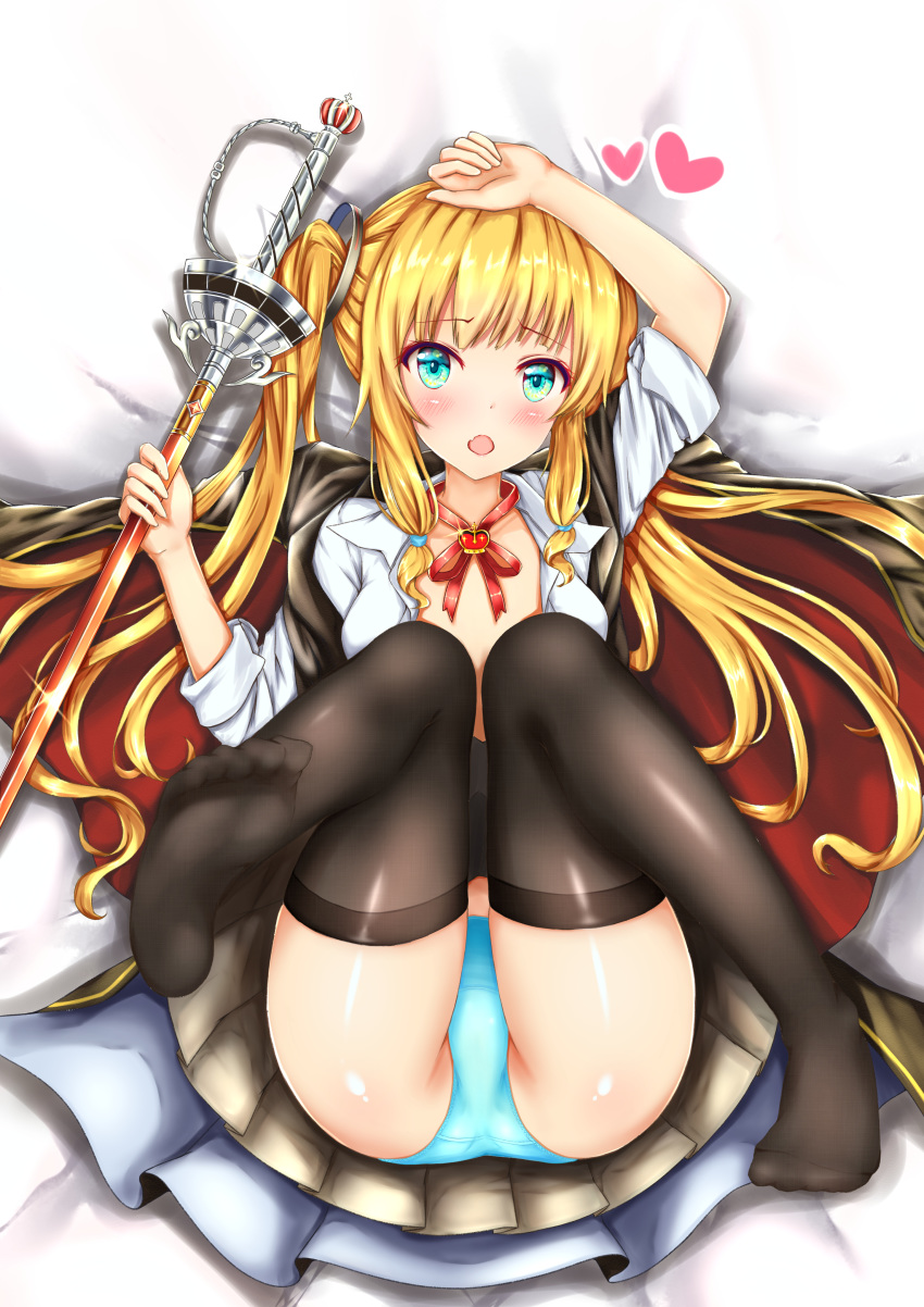 absurdres ahoge amazon_(azur_lane) ass azur_lane bangs black_gloves black_legwear black_skirt blonde_hair blue_eyes blue_panties blush cape collarbone commentary crotch eyebrows_visible_through_hair fang feet_up full_body gloves groin hair_ornament heart highres hime-ya_tsubaki holding holding_sword holding_weapon long_hair looking_at_viewer lying neck_ribbon on_back open_clothes open_mouth open_shirt panties pleated_skirt rapier ribbon shiny shiny_skin skirt smile solo sword thighhighs thighs twintails underwear weapon