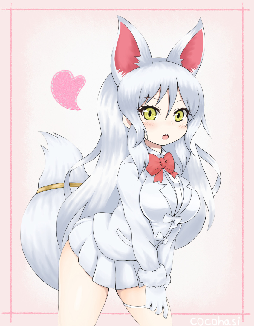 &lt;3 2018 animal_humanoid bent_over big_breasts biped blush bow_tie breasts canine clothing cocohasi digital_drawing_(artwork) digital_media_(artwork) female fox_humanoid front_view frown hair half-length_portrait hi_res humanoid humanoid_hands inari_ōkami japanese japanese_mythology kemono_friends light_skin long_hair long_tail looking_at_viewer mammal mythology oinari-sama_(kemono_friends) open_frown open_mouth pink_background pleated_skirt portrait simple_background skirt solo standing suit tail_ring tan_skin white_hair white_tail yellow_eyes