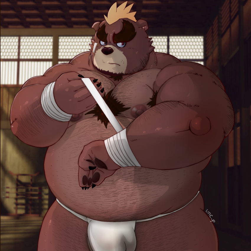 anthro ashigara bandage bear belly big_belly body_hair brown_fur bulge chest_hair clothing eyebrows fundoshi fur hair hi_res japanese_clothing male mammal mohawk musclegut muscular muscular_male nipples obese overweight overweight_male short_hair solo thick_eyebrows tokyo_afterschool_summoners unc_p underwear ゆぬこぴ