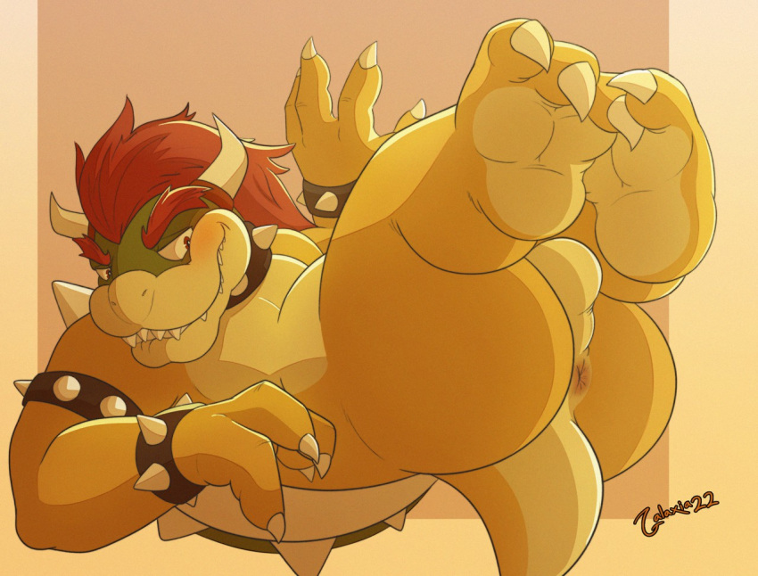 anus backsack balls blush bowser butt collar feet galaxia22 grin hair half-closed_eyes koopa legs_up lying male mario_bros nintendo nude on_back paws perineum presenting presenting_hindquarters red_hair scalie short_tail simple_background smile solo teeth video_games yellow_skin