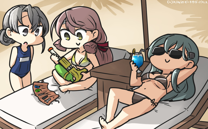 akashi_(kantai_collection) beach bikini commentary_request cup dated day drink drinking_glass green_hair hamu_koutarou highres holding holding_cup kantai_collection long_hair lying multiple_girls nowaki_(kantai_collection) on_back one-piece_swimsuit open_mouth pink_hair recliner school_swimsuit silver_hair sitting smile sunglasses suzuya_(kantai_collection) swimsuit tools water_gun