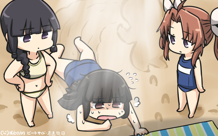 adapted_costume ahoge alternate_costume bare_shoulders black_hair braid brown_eyes commentary dated full_body hair_ribbon hamu_koutarou hands_on_hips hatsuyuki_(kantai_collection) highres kagerou_(kantai_collection) kantai_collection kitakami_(kantai_collection) long_hair lying multiple_girls navel on_stomach one-piece_swimsuit open_mouth orange_hair purple_eyes remodel_(kantai_collection) ribbon sand school_swimsuit standing sweat swimsuit twintails