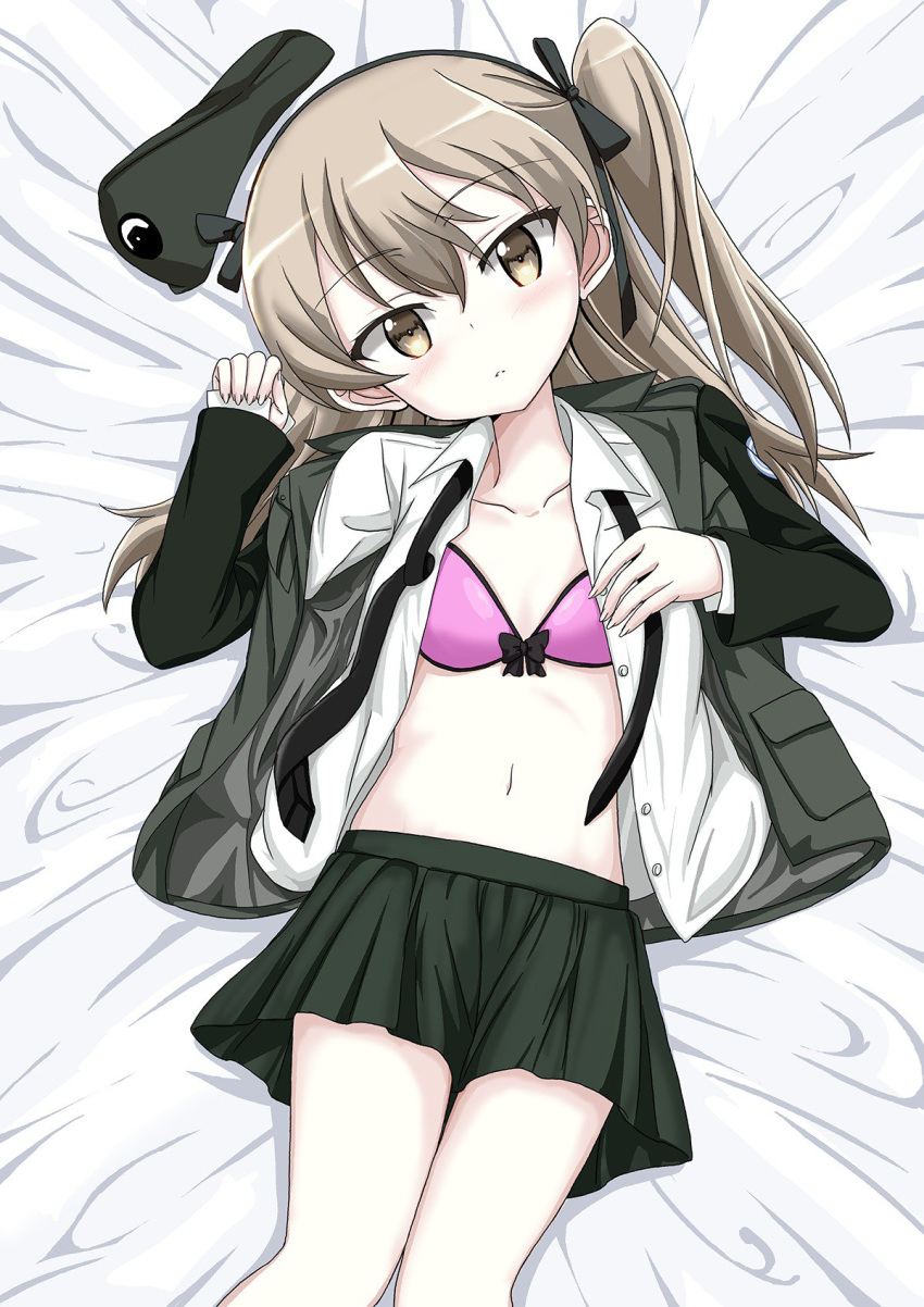 bangs bed_sheet beret black_hat black_jacket black_neckwear black_ribbon black_skirt bra closed_mouth clothes_removed commentary_request dress_shirt emblem eyebrows_visible_through_hair from_above girls_und_panzer hair_ribbon hat head_tilt highres jacket japanese_tankery_league_(emblem) light_blush light_brown_eyes light_brown_hair long_hair long_sleeves looking_at_viewer lying military military_hat military_uniform miniskirt navel necktie on_back on_bed open_clothes open_jacket open_shirt pink_bra pleated_skirt ribbon selection_university_(emblem) selection_university_military_uniform shibagami shimada_arisu shirt side_ponytail skirt solo underwear undone_necktie uniform white_shirt