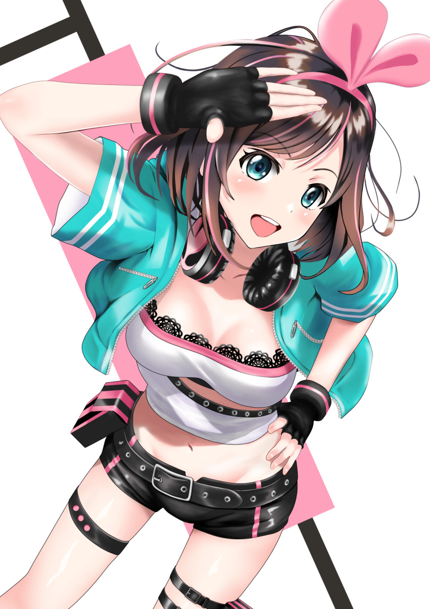 :d a.i._channel aqua_eyes aqua_jacket arm_up asymmetrical_clothes bangs belt black_belt black_gloves black_shorts blush bob_cut breasts brown_hair cleavage collarbone commentary_request crop_top cropped_jacket dutch_angle eyebrows_visible_through_hair fingerless_gloves gibun_(sozoshu) gloves hairband hand_on_hip headphones headphones_around_neck highres holster hood hood_down hooded_jacket jacket kizuna_ai lace lace-trimmed_shirt large_breasts leaning_forward legs_apart looking_at_viewer loose_belt micro_shorts multicolored_hair navel open_clothes open_jacket open_mouth pink_hair pink_hairband round_teeth shiny shiny_hair shirt short_hair short_sleeves shorts smile solo standing stomach strapless streaked_hair swept_bangs teeth thigh_holster thigh_strap tubetop two-tone_hair unzipped virtual_youtuber white_shirt