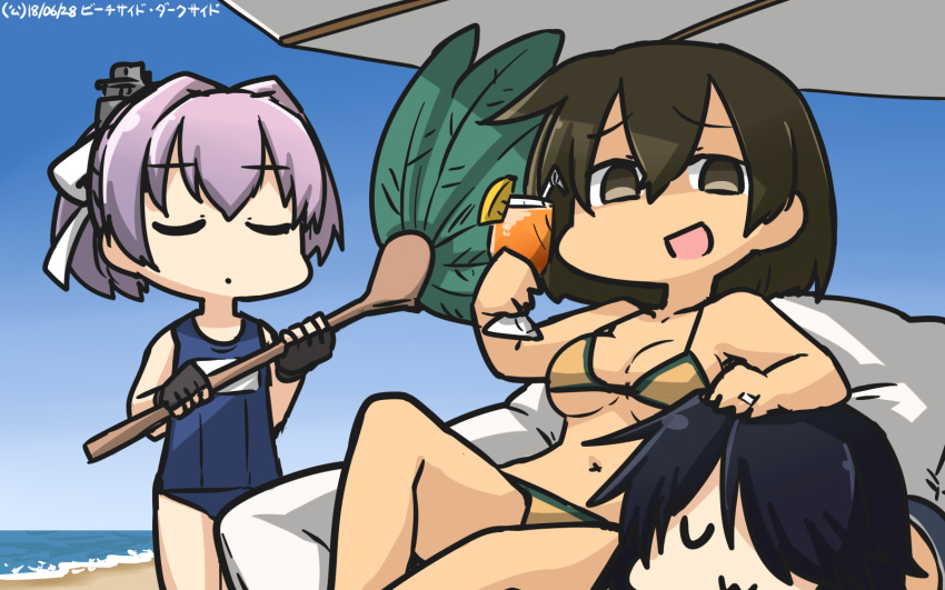 :3 beach bikini black_gloves black_hair brown_hair closed_eyes commentary_request cup dated day drink drinking_glass empty_eyes eyebrows_visible_through_hair fingerless_gloves gloves hair_between_eyes hamu_koutarou highres hiryuu_(kantai_collection) holding holding_cup jewelry kako_(kantai_collection) kantai_collection long_hair multiple_girls ocean one-piece_swimsuit open_mouth pink_hair ponytail remodel_(kantai_collection) ring school_swimsuit shiranui_(kantai_collection) short_hair smile swimsuit wedding_band yellow_bikini