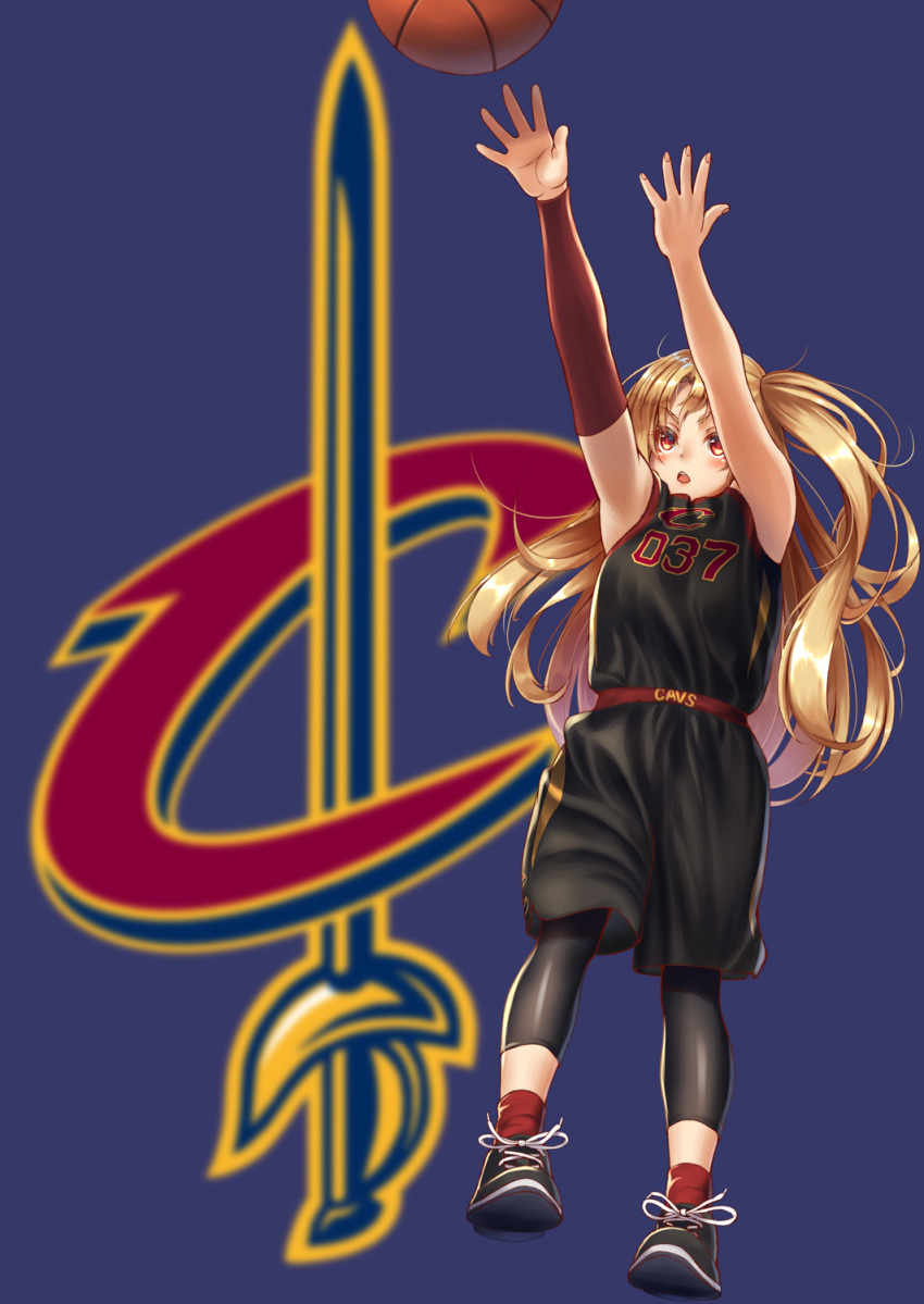 arm_warmers azur_lane bare_shoulders basketball black_legwear blonde_hair blue_background cleveland_(azur_lane) cleveland_cavaliers highres jersey jumping leg_warmers logo long_hair namesake national_basketball_association open_mouth outstretched_arms red_eyes shoes shorts simple_background sneakers socks solo sportswear twintails yakkuro