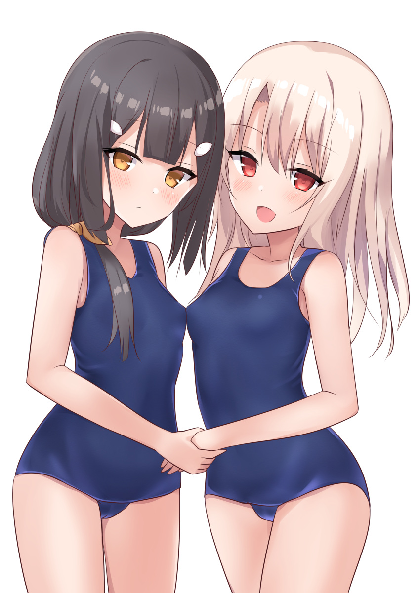 :d absurdres asymmetrical_docking bangs bare_shoulders black_hair blue_swimsuit blush breast_press breasts closed_mouth collarbone commentary fate/kaleid_liner_prisma_illya fate_(series) hair_ornament hair_ribbon hairclip highres hips holding_hands illyasviel_von_einzbern long_hair looking_at_viewer miyu_edelfelt multiple_girls natsu_(sinker8c) one-piece_swimsuit open_mouth red_eyes ribbon school_swimsuit side_ponytail simple_background small_breasts smile swimsuit thighs white_background white_hair yellow_eyes yellow_ribbon