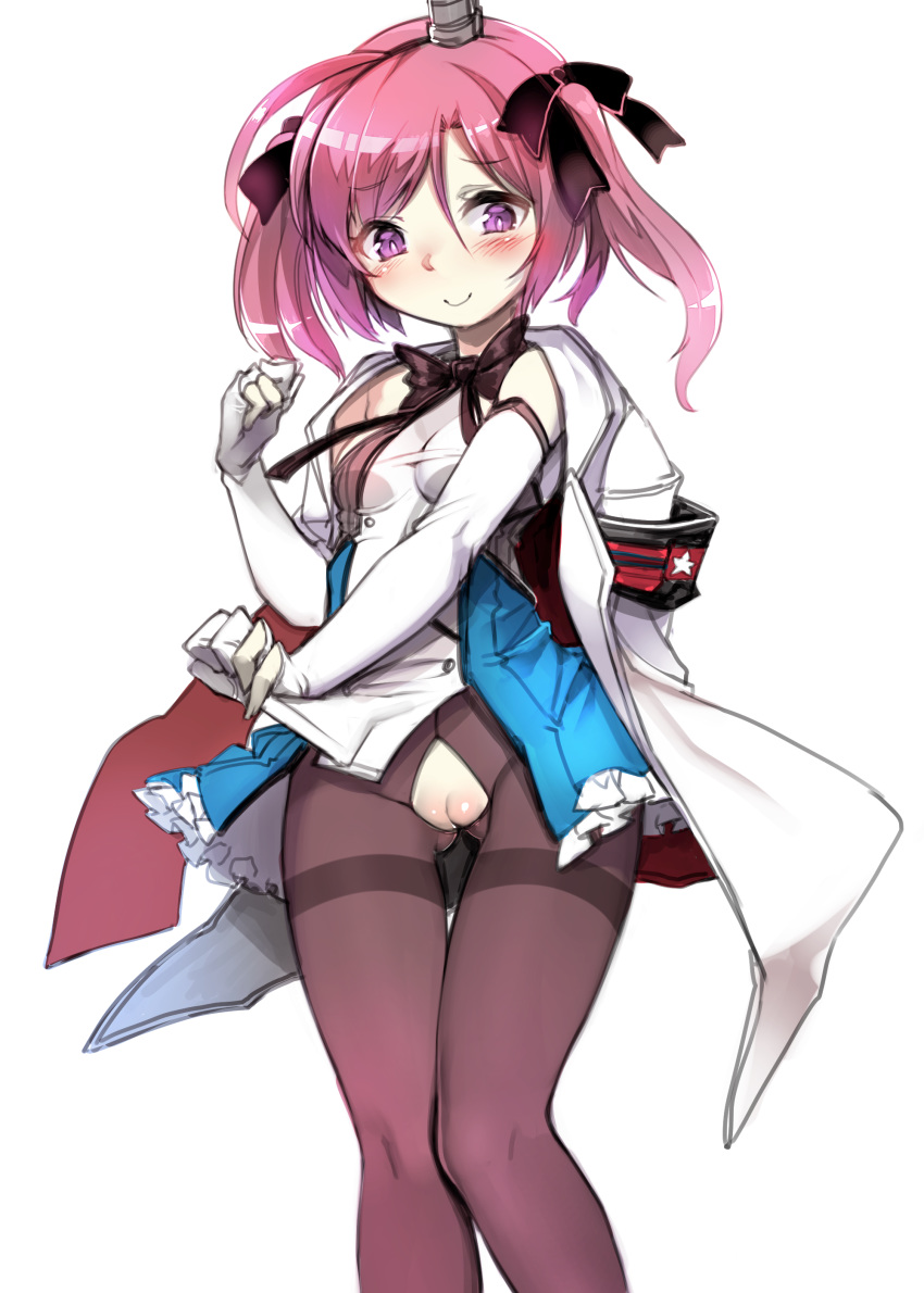 absurdres armband ass_visible_through_thighs azur_lane bangs black_bow blue_dress blush body_blush bow breasts brown_legwear cleft_of_venus closed_mouth commentary_request crotch_cutout crotchless_clothes crotchless_pantyhose dress elbow_gloves eyebrows_visible_through_hair feet_out_of_frame gloves hair_between_eyes hair_bow harigane_shinshi hat highres jacket jacket_on_shoulders knees_together_feet_apart mini_hat no_panties pantyhose partly_fingerless_gloves pink_hair purple_eyes pussy saratoga_(azur_lane) simple_background small_breasts smile solo star thigh_gap thighband_pantyhose twintails white_background white_gloves white_jacket