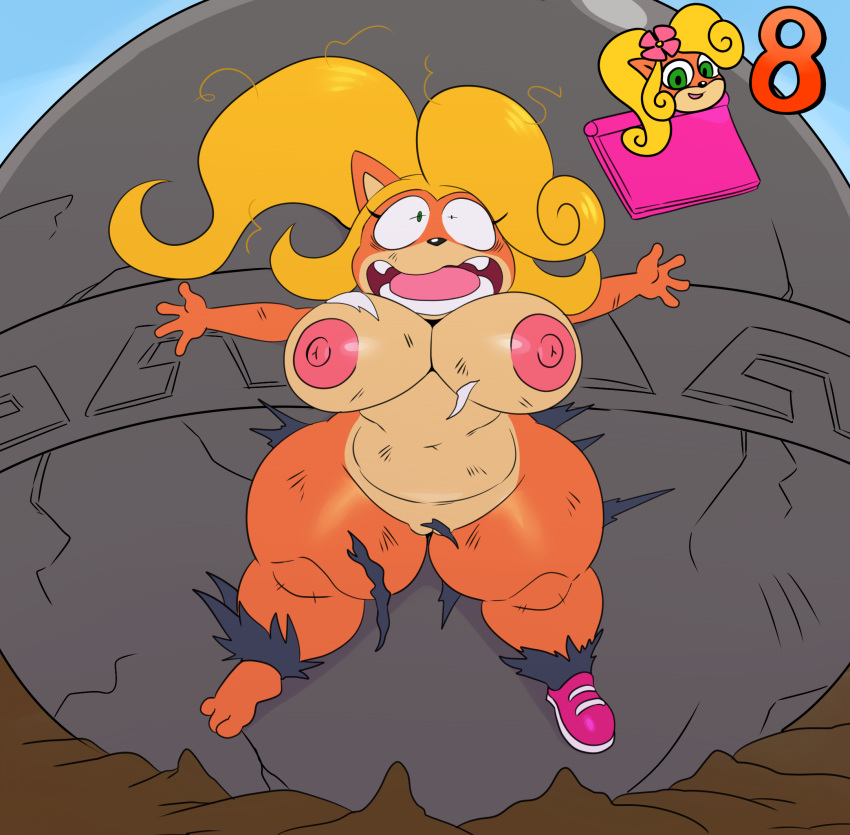 2018 anthro bandicoot belly big_breasts big_thighs blonde_hair breasts clothing coco_bandicoot crash_bandicoot_(series) digital_media_(artwork) female footwear front_view fur green_eyes hair hi_res mammal marsupial messy_hair multicolored_fur nipples open_mouth orange_fur pink_nipples ponytail pussy shoes shortstack slightly_chubby solo sssonic2 tan_fur thick_thighs toes torn_clothing two_tone_fur video_games voluptuous wide_eyed wide_hips yelling