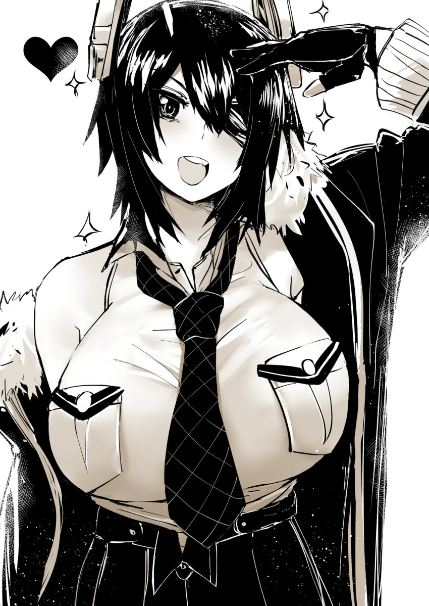 bare_shoulders black_gloves black_hair breasts collared_shirt commentary eyepatch fur_trim gloves greyscale hair_between_eyes headgear heart highres huge_breasts jacket_on_shoulders kantai_collection loose_necktie monochrome necktie norman_maggot one_eye_covered open_mouth partly_fingerless_gloves salute shirt short_hair sleeveless sleeveless_shirt taut_clothes taut_shirt tenryuu_(kantai_collection)