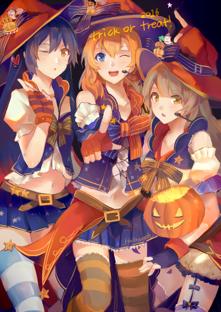 absurdres bangs blue_eyes blue_hair blush commentary eyebrows_visible_through_hair fingerless_gloves girl_sandwich gloves grey_hair halloween hat headset highres jack-o'-lantern kousaka_honoka lanlanlu_(809930257) long_hair looking_at_viewer love_live! love_live!_school_idol_festival love_live!_school_idol_project minami_kotori multiple_girls navel one_eye_closed open_mouth pointing pointing_at_viewer pumpkin sandwiched skirt smile sonoda_umi striped striped_legwear thighhighs trick_or_treat witch witch_hat yellow_eyes