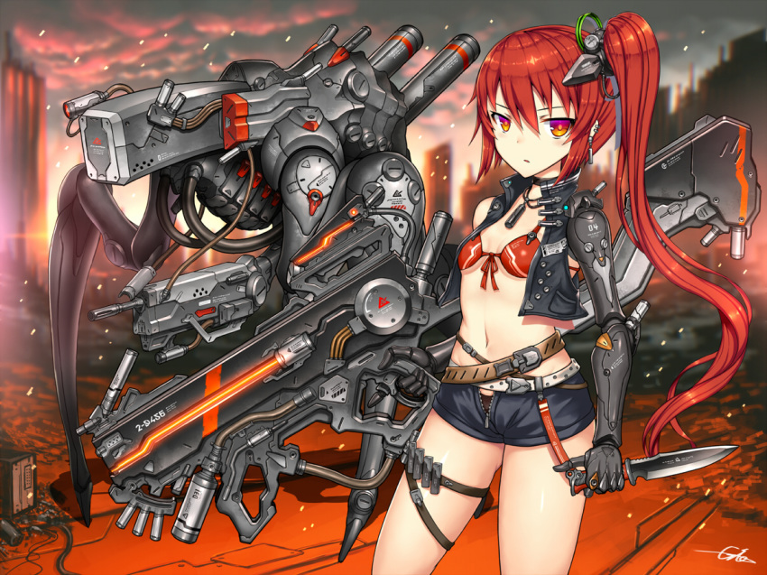 belt bikini_top blurry blurry_background breasts choker city cropped_jacket gia gun jewelry knife long_hair looking_at_viewer mecha navel necklace original prosthesis prosthetic_arm red_eyes red_hair short_shorts shorts side_ponytail signature small_breasts solo thigh_strap weapon