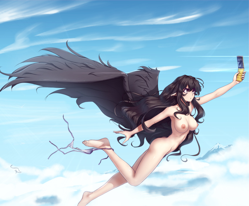 alternate_hairstyle arm_up ass barefoot black_wings blue_sky breasts brown_eyes brown_hair cellphone cloud commentary day engrish_commentary excessive_pubic_hair feathered_wings flying full_body hair_between_eyes hair_down hater_(hatater) highres himekaidou_hatate holding holding_phone large_breasts leg_up long_hair mountain nipples no_hat no_headwear nude outdoors outstretched_arm panties panties_removed phone pointy_ears polka_dot polka_dot_panties pubic_hair side-tie_panties sidelocks sky solo thighs touhou underwear untied untied_bra untied_panties very_long_hair white_panties wings