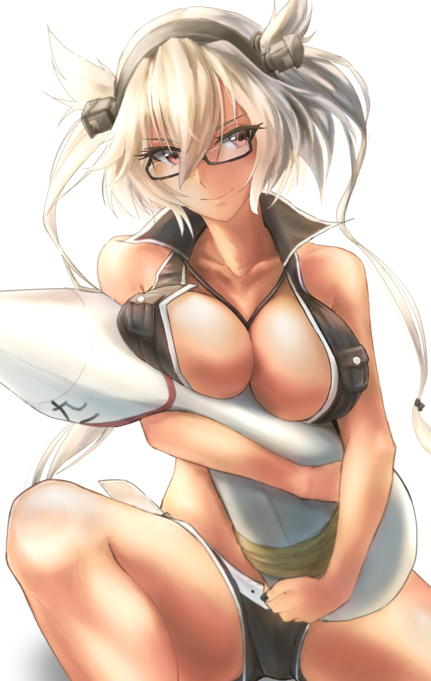 alternate_costume bangs bare_shoulders belt bikini black-framed_eyewear black_nails black_shorts blonde_hair breast_lift breasts buckle cleavage closed_mouth collarbone commentary dark_skin eyebrows_visible_through_hair glasses hair_between_eyes head_tilt headgear highres kantai_collection knee_up kokuzoo large_breasts long_hair looking_at_viewer musashi_(kantai_collection) nail_polish object_hug pointy_hair red_eyes semi-rimless_eyewear short_hair_with_long_locks shorts sidelocks simple_background sitting smile solo swimsuit swimwear thighs twintails two_side_up white_background white_belt