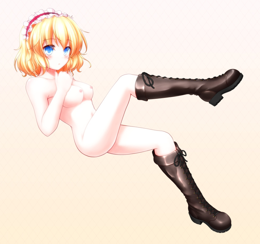 aka_tawashi alice_margatroid bare_legs blonde_hair blue_eyes boots breasts brown_footwear combat_boots cross-laced_footwear eyebrows_visible_through_hair highres lace-up_boots leg_lift looking_at_viewer nipples nude short_hair simple_background touhou