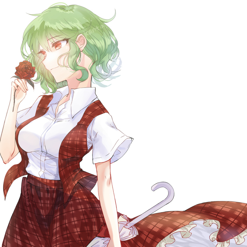 absurdres arm_at_side arm_up breasts closed_umbrella cowboy_shot eyebrows_visible_through_hair flower green_eyes hair_between_eyes highres holding holding_flower holding_umbrella kanta_(pixiv9296614) kazami_yuuka large_breasts looking_to_the_side open_clothes open_vest petticoat plaid plaid_skirt plaid_vest red_eyes red_flower red_rose rose shirt short_hair short_sleeves sidelocks simple_background skirt smile solo touhou umbrella vest white_background white_shirt wing_collar