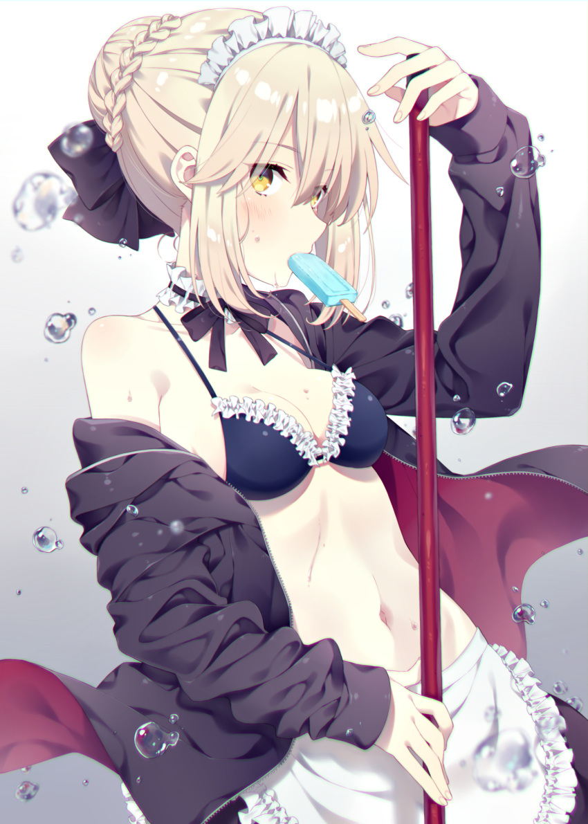 apron artoria_pendragon_(all) artoria_pendragon_(swimsuit_rider_alter) bikini_top black_bikini_top blonde_hair braid breasts bubble commentary fate/grand_order fate_(series) food frilled_apron frilled_bikini_top frills highres holding ice_cream jacket looking_at_viewer maid_bikini maid_headdress mouth_hold navel open_clothes open_jacket small_breasts solo thighhighs toko_yoshi waist_apron white_apron yellow_eyes