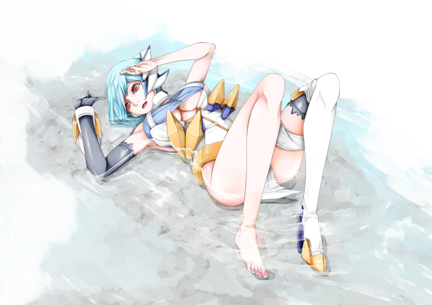 1girl alternate_hairstyle android barefoot blue_hair breasts commentary cyborg elbow_gloves feet gloves highres kos-mos large_breasts redesign shoes short_hair single_shoe solo underboob xenosaga