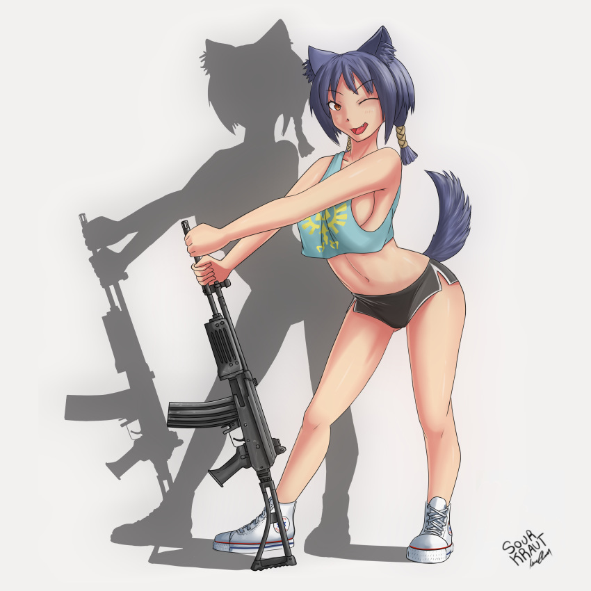 animal_humanoid assault_rifle blue_fur blue_hair breasts clothed clothing crop_top cute_fangs dog_humanoid female footwear fur galil_(upotte) gun hair humanoid midriff one_eye_closed open_mouth orange_eyes pinup pose ranged_weapon rifle shirt shoes shorts solo standing the_sourkraut upotte!! weapon wink