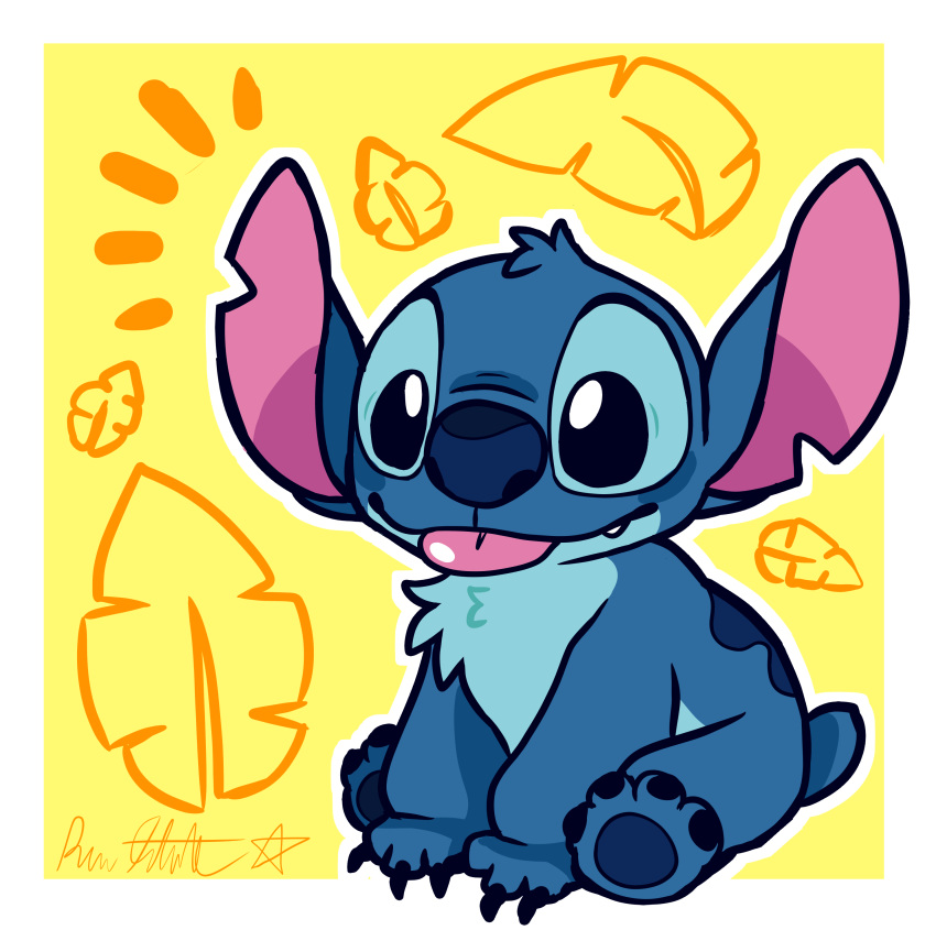 2018 4_toes absurd_res alien back_markings blep blue_claws blue_eyes blue_fur blue_nose blue_pawpads border chest_tuft claws cute cute_fangs digital_drawing_(artwork) digital_media_(artwork) disney experiment_(species) fur head_tuft hi_res lilo_and_stitch markings notched_ear outline palm_frond pawpads raystar signature simple_background sitting small_tail smile solo stitch toes tongue tongue_out tuft white_border yellow_background
