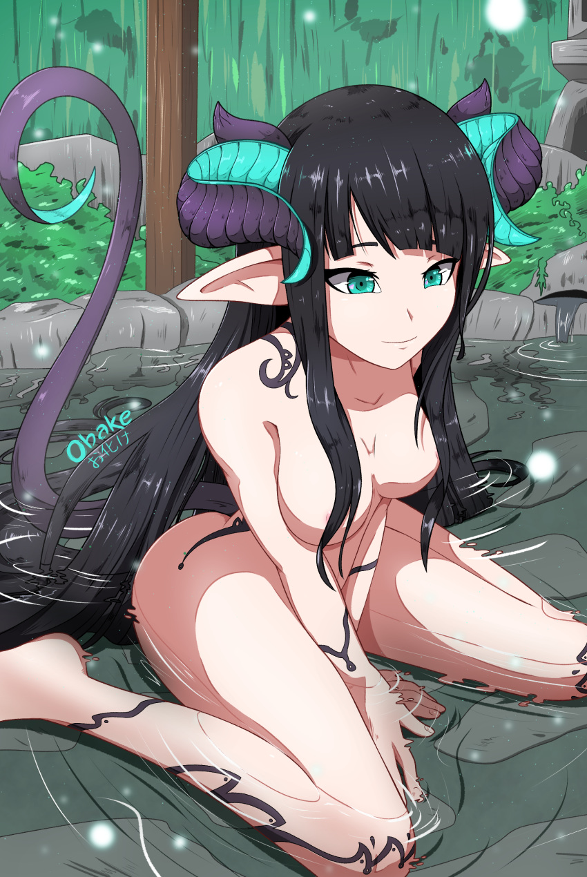 absurdres aqua_eyes artist_name bangs blunt_bangs breasts closed_mouth commentary demon demon_girl demon_horns demon_tail english_commentary hair_censor highres horns long_hair medium_breasts nude obakeart original outdoors partially_submerged pointy_ears refraction rock sitting smile solo tail tattoo v_arms very_long_hair wariza water waterfall