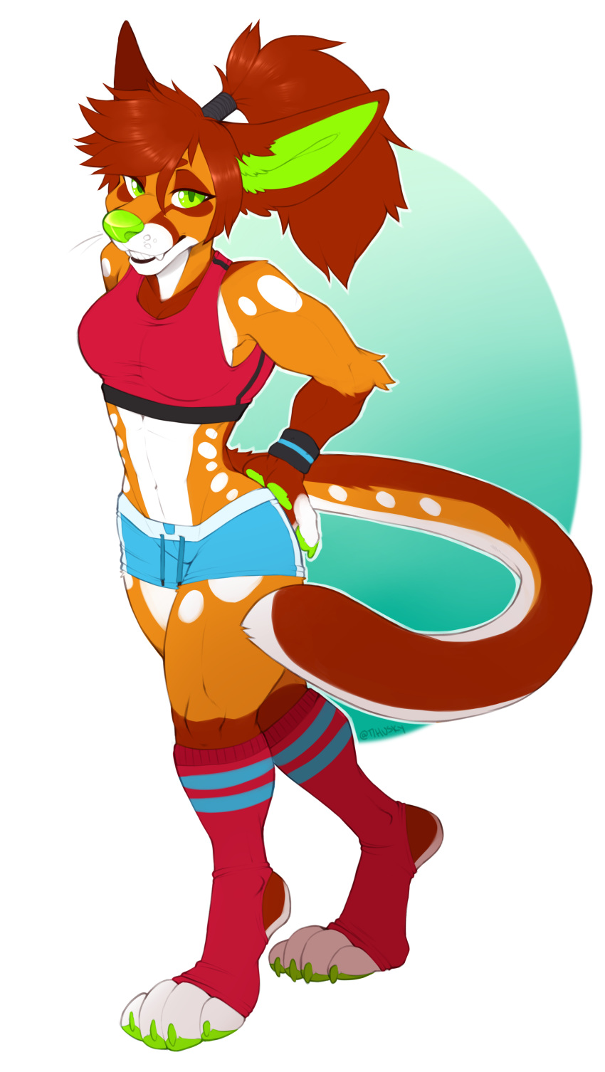 anthro athletic bra canine clothed clothing female fox hybrid looking_at_viewer mammal smile solo spazzyhusky sports_bra standing underwear wide_hips