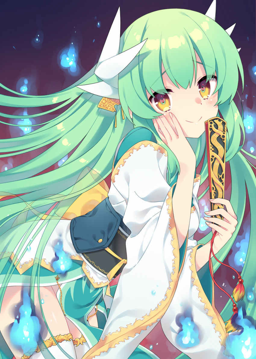 blush breasts commentary_request dragon_girl dragon_horns fan fate/grand_order fate_(series) green_hair hair_ribbon hand_on_own_cheek heart heart-shaped_pupils highres holding holding_fan horns japanese_clothes kiyohime_(fate/grand_order) large_breasts long_hair looking_at_viewer ribbon sash smile solo symbol-shaped_pupils thighhighs toko_yoshi twintails white_legwear yellow_eyes