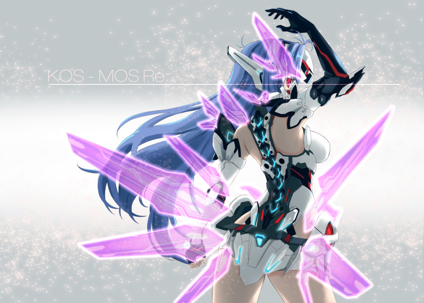 android ass backbone blue_hair breasts character_name dong_zhi_qiong elbow_gloves fingerless_gloves forehead_protector from_behind gloves glowing glowing_eye highres kos-mos kos-mos_re: leotard long_hair looking_at_viewer looking_back mechanical_backbone medium_breasts red_eyes single_fingerless_glove solo very_long_hair white_leotard xenoblade_(series) xenoblade_2 xenosaga