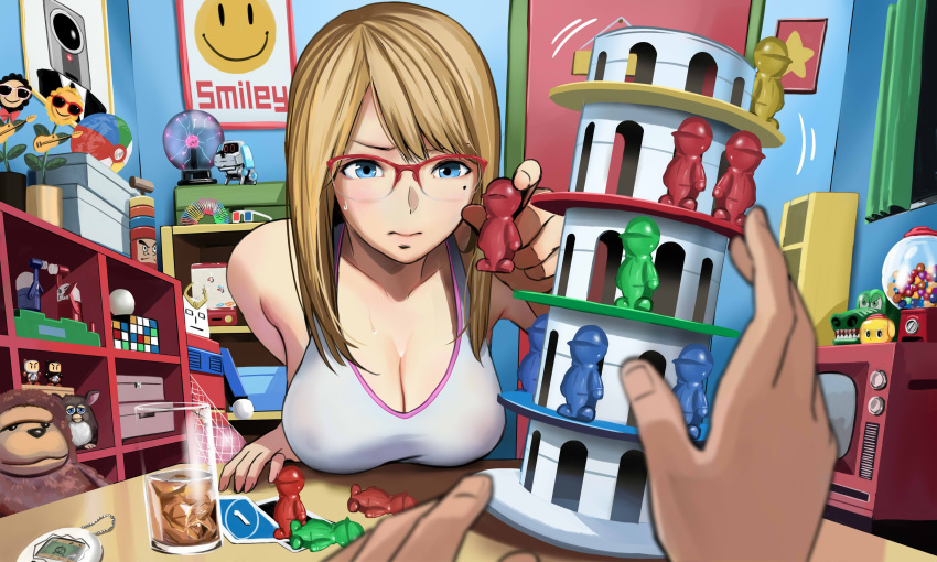 absurdres aibo bangs bare_shoulders bespectacled blonde_hair blue_eyes blush bomberman breasts cleavage closed_mouth commentary cup curtains drinking_glass figure furby furry glasses hanging_breasts highres ice ice_cube indoors large_breasts leaning_tower_of_pisa long_hair looking_at_viewer mole mole_under_eye original poster pov puzzle red-framed_eyewear room semi-rimless_eyewear slinky stuffed_animal stuffed_toy sweat swept_bangs table tamagotchi tank_top toy uno_(game) urasuji_samurai window