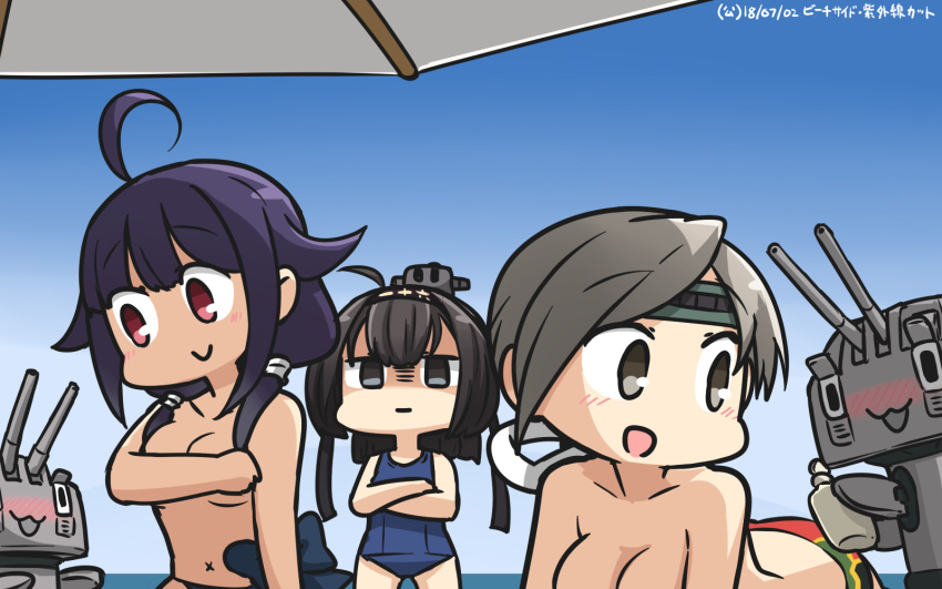 :d ahoge akizuki_(kantai_collection) black_hair blue_eyes blue_swimsuit blush breasts chitose_(kantai_collection) chou-10cm-hou-chan commentary_request crossed_arms dated empty_eyes grey_eyes grey_hair hair_flaps hamu_koutarou highres kantai_collection large_breasts long_hair low_twintails multiple_girls one-piece_swimsuit open_mouth ponytail purple_hair red_eyes school_swimsuit smile swimsuit taigei_(kantai_collection) twintails ||_||