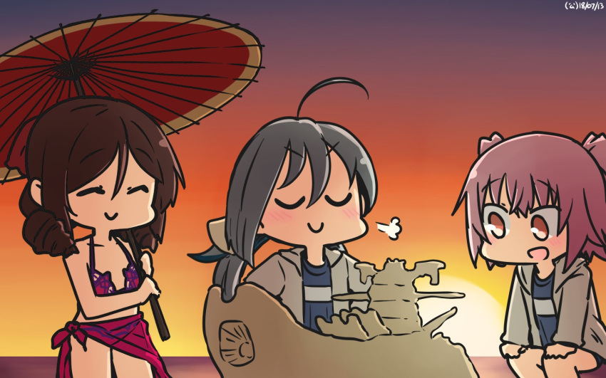 :d =3 ^_^ ahoge bikini brown_hair closed_eyes commentary cosplay dated grey_hair hamu_koutarou harukaze_(kantai_collection) highres holding holding_umbrella jacket kantai_collection kiyoshimo_(kantai_collection) kunashiri_(kantai_collection) long_hair long_sleeves multiple_girls noto_mamiko one-piece_swimsuit open_mouth oriental_umbrella pink_hair purple_bikini scathach_(fate)_(all) scathach_(swimsuit_assassin)_(fate) scathach_(swimsuit_assassin)_(fate)_(cosplay) seiyuu_connection short_hair smile swimsuit two_side_up uchuu_senkan_yamato umbrella v-shaped_eyebrows white_jacket yamato_(spaceship) yellow_eyes
