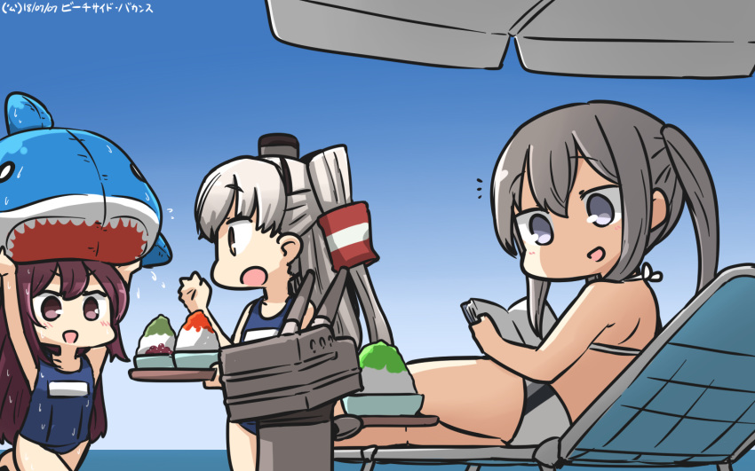 :d amatsukaze_(kantai_collection) blonde_hair blue_swimsuit commentary dated food graf_zeppelin_(kantai_collection) hair_between_eyes hair_tubes hamu_koutarou highres kamikaze_(kantai_collection) kantai_collection long_hair multiple_girls no_hat no_headwear one-piece_swimsuit open_mouth parasol purple_eyes purple_hair rensouhou-kun school_swimsuit shaved_ice sidelocks silver_hair smile swimsuit twintails two_side_up umbrella v-shaped_eyebrows windsock