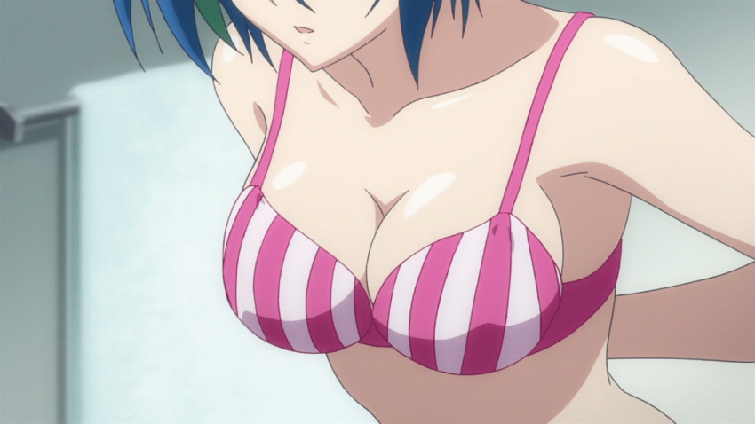10s 1girl animated animated_gif areolae blue_hair bouncing_breasts bra breasts green_hair head_out_of_frame high_school_dxd medium_breasts nipples short_hair solo underwear undressing upper_body xenovia_(high_school_dxd)