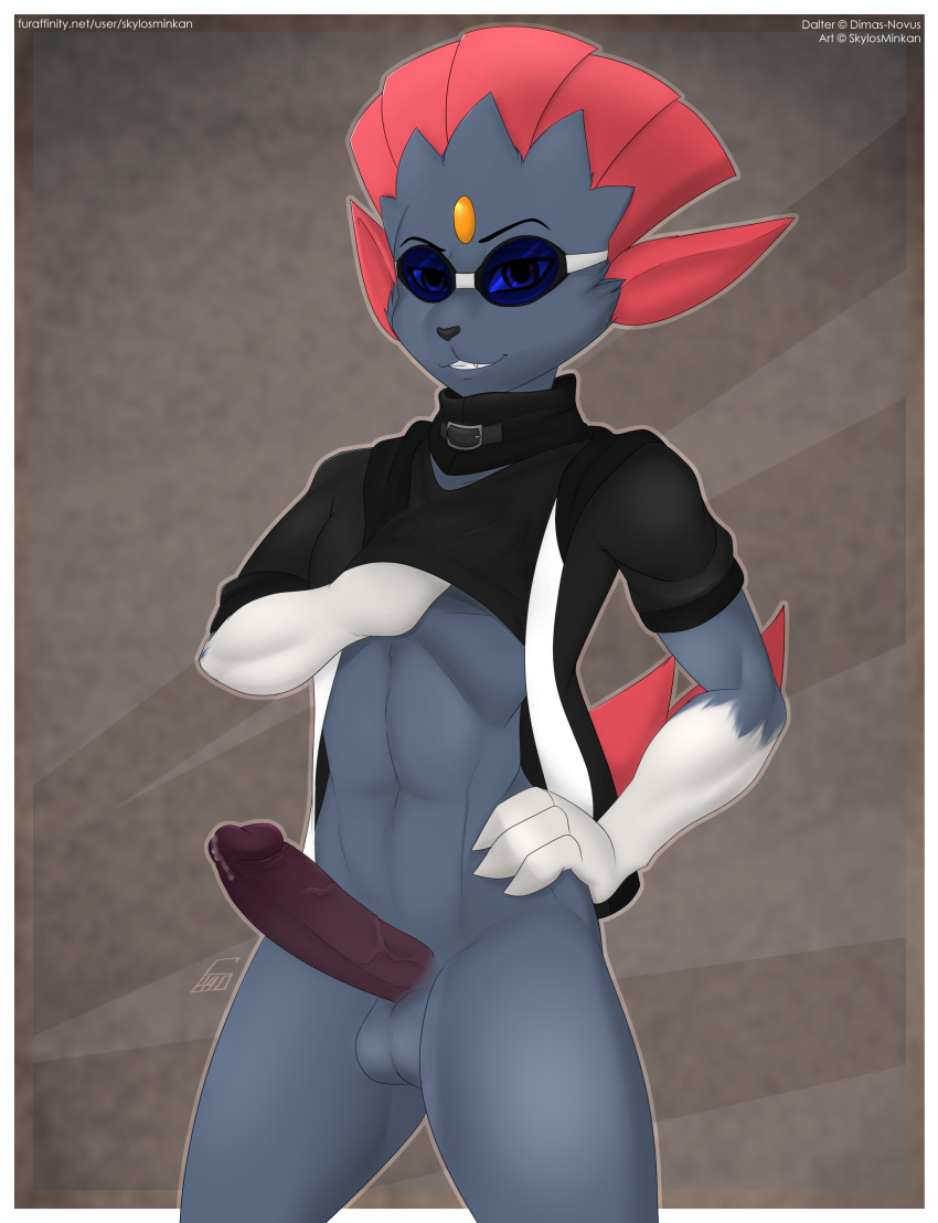 anthro clothed clothing clothing_lift fan_character hand_on_hip male nintendo penis pok&eacute;mon pok&eacute;mon_(species) shirt shirt_lift skylosminkan solo video_games weavile