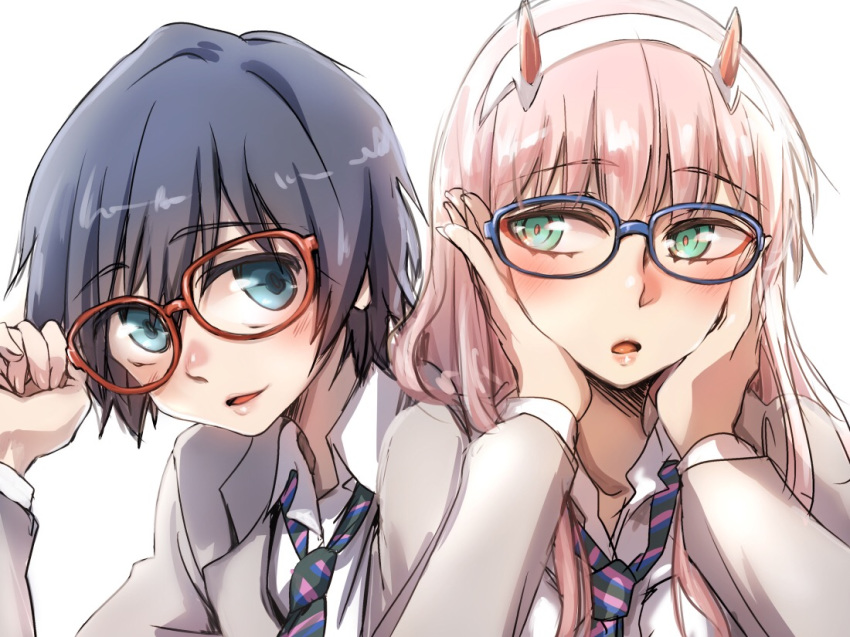 1girl androgynous black_hair blue_eyes blush commentary couple darling_in_the_franxx eyebrows_visible_through_hair glasses green_eyes grey_jacket hair_ornament hairband hand_on_eyewear hands_on_own_face herozu_(xxhrd) hiro_(darling_in_the_franxx) horns jacket long_hair long_sleeves oni_horns open_clothes open_jacket pink_hair red_horns striped striped_neckwear white_hairband zero_two_(darling_in_the_franxx)