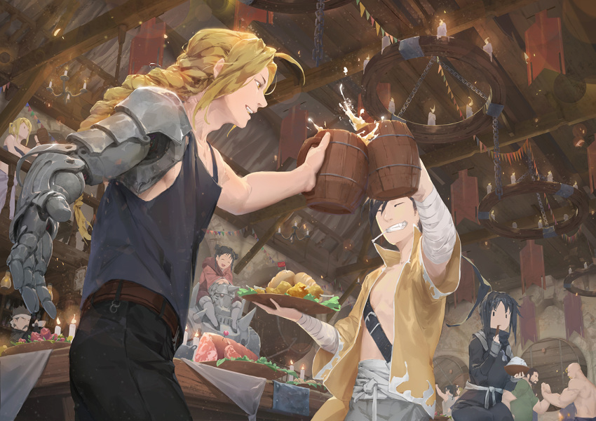 6+boys ^_^ alex_louis_armstrong alphonse_elric armor automail bald baraba_baba black_hair blonde_hair bowl braid candle chandelier chopsticks chopsticks_in_mouth closed_eyes edward_elric food fu_(fma) fullmetal_alchemist hands_together happy indoors izumi_curtis lan_fan ling_yao may_chang multiple_boys multiple_girls no_mouth open_mouth plate profile rice rice_bowl shirtless sig_curtis smile table toast_(gesture) upper_body winry_rockbell