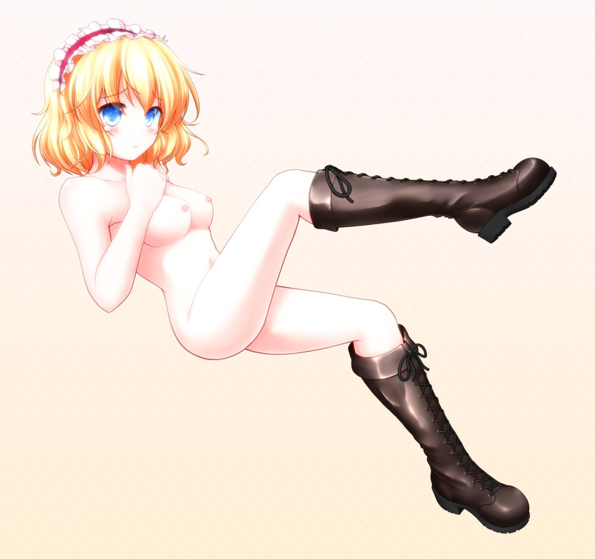aka_tawashi alice_margatroid bare_legs blonde_hair blue_eyes boots breasts brown_footwear combat_boots cross-laced_footwear eyebrows_visible_through_hair highres lace-up_boots leg_lift looking_at_viewer nipples nude sad short_hair simple_background tears touhou