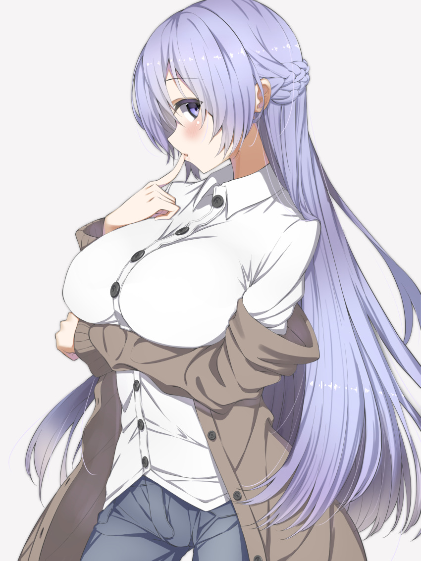 absurdres alternate_costume arm_under_breasts azur_lane blue_eyes blush braid breast_hold breasts buttons casual collared_shirt commentary_request denim eyebrows_visible_through_hair finger_to_mouth floating_hair french_braid grey_background highres jeans large_breasts lavender_hair lips long_hair long_sleeves looking_at_viewer looking_to_the_side pants parted_lips rodney_(azur_lane) shiny shiny_hair shirt simple_background solo standing very_long_hair white_shirt yamanokami_eaka