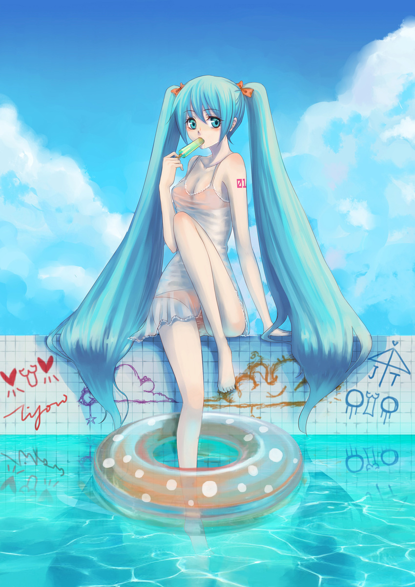 aqua_eyes aqua_hair arm_support barefoot bikini caustics cloud day dress feet food graffiti hatsune_miku heart heart_eyes highres innertube leg_up legs long_hair pool poolside popsicle reflection see-through sitting sky soaking_feet solo swimsuit swimsuit_under_clothes tiyoro twintails very_long_hair vocaloid water