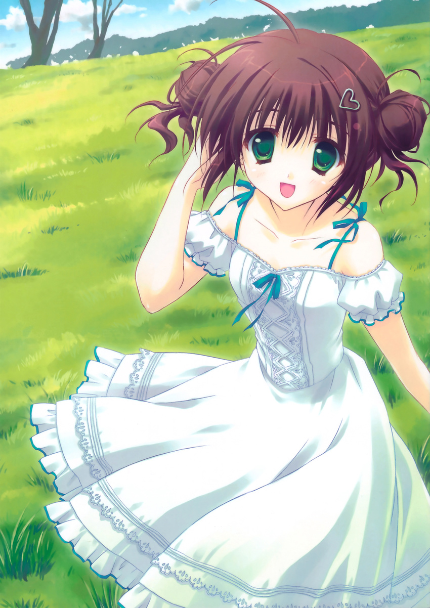 :d absurdres bare_shoulders blue_sky close-up collarbone day double_bun dress field frilled_dress frills grass green_eyes hair_ornament hand_in_hair heart heart_hair_ornament highres looking_at_viewer meadow open_mouth original outdoors plant puffy_short_sleeves puffy_sleeves ribbon ryouka_(suzuya) scan short_sleeves sky smile solo summer tree white_dress wind