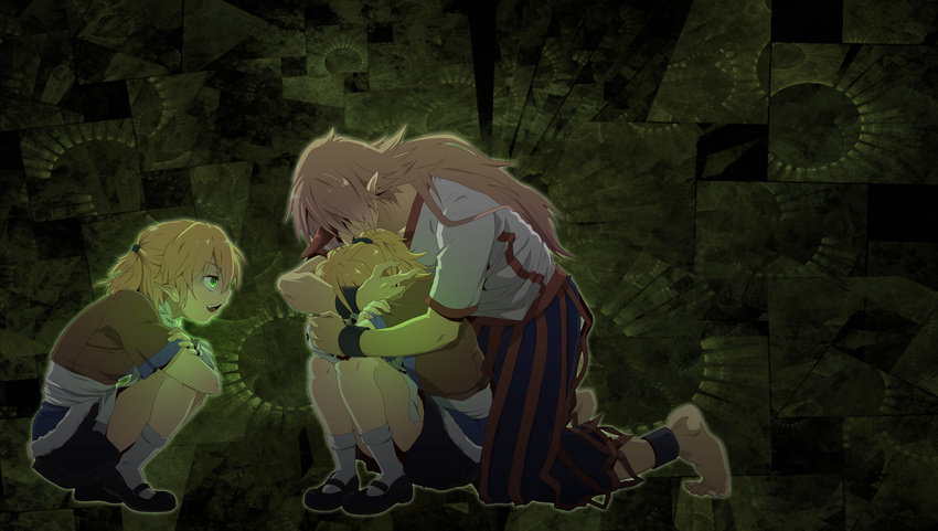 absurdres ankle_cuffs barefoot blonde_hair cuffs dual_persona green_eyes highres horn hoshiguma_yuugi hug long_hair mary_janes mizuhashi_parsee multiple_girls pointy_ears rex_k scarf shoes short_hair touhou