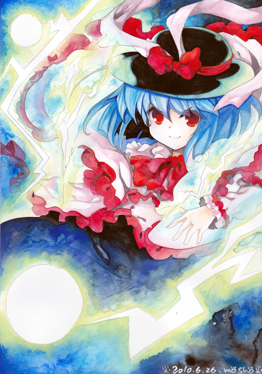 absurdres dated electricity frills hat highres millipen_(medium) mosho nagae_iku purple_hair red_eyes ribbon shawl short_hair signature smirk solo touhou traditional_media watercolor_(medium)