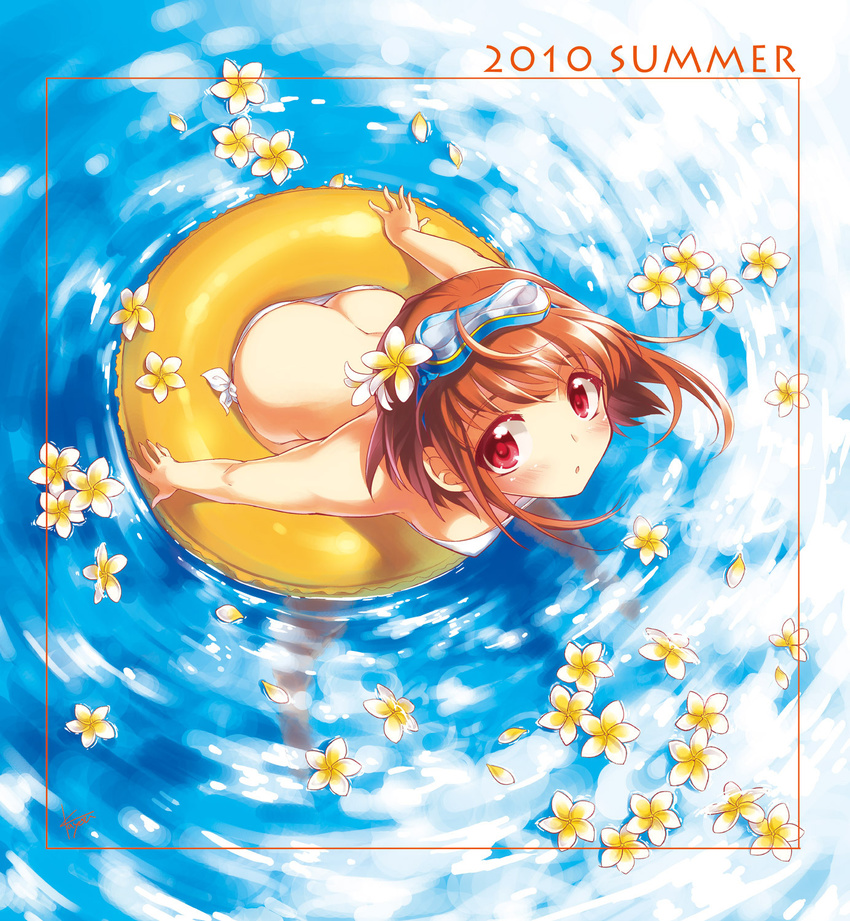 2010 :o arm_support ass blush brown_hair butt_crack colored_eyelashes eyelashes flower foreshortening from_above goggles goggles_on_head hair_flower hair_ornament highres kayou_(kayou-bi) looking_at_viewer looking_up original petals plumeria red_eyes ripples short_hair solo swimsuit water