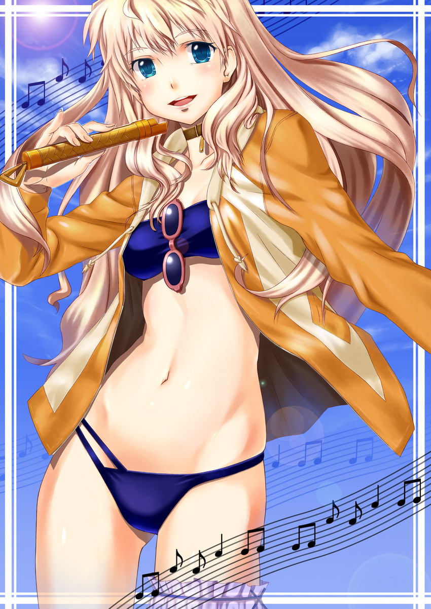 absurdres bandeau bikini blonde_hair blue_eyes choker frame gabiran highres instrument jacket lens_flare long_hair macross macross_frontier musical_note navel pinky_out sheryl_nome shirt smile solo sun sunglasses swimsuit taut_clothes taut_shirt