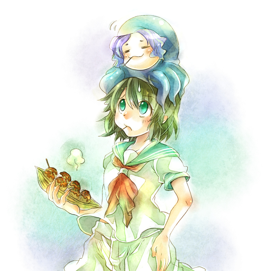 :3 black_hair blue_hair cannibalism eating food green_eyes hat highres kumoi_ichirin murasa_minamitsu octopus sailor sailor_collar sailor_hat short_hair takoyaki toropp touhou