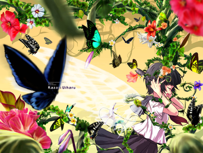 black_hair bug butterfly closed_eyes flower hair_flower hair_ornament head_wreath headphones insect sakugawa_school_uniform school_uniform serafuku short_hair solo tam to_aru_kagaku_no_railgun to_aru_majutsu_no_index uiharu_kazari wings