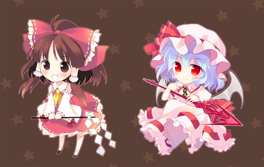 bat_wings blue_hair bow brown_eyes brown_hair chibi detached_sleeves hair_bow hakurei_reimu hat mizore_maji multiple_girls red_eyes remilia_scarlet short_hair spear_the_gungnir touhou wings